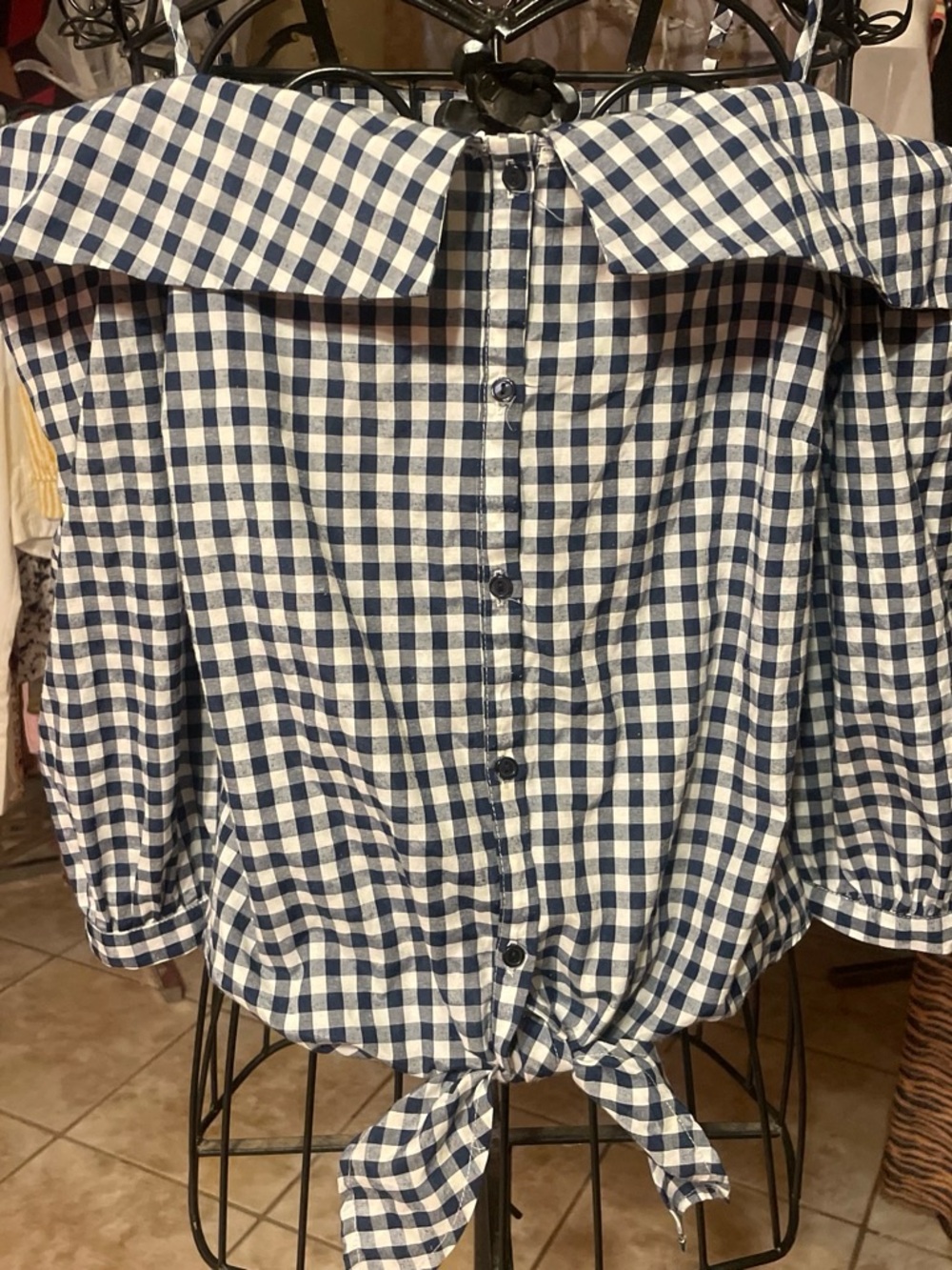 Active USA Navy and White Gingham Off-Shoulder Tie-Front Blouse